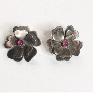 Vintage Flower Earrings Sterling Silver Pink Stone